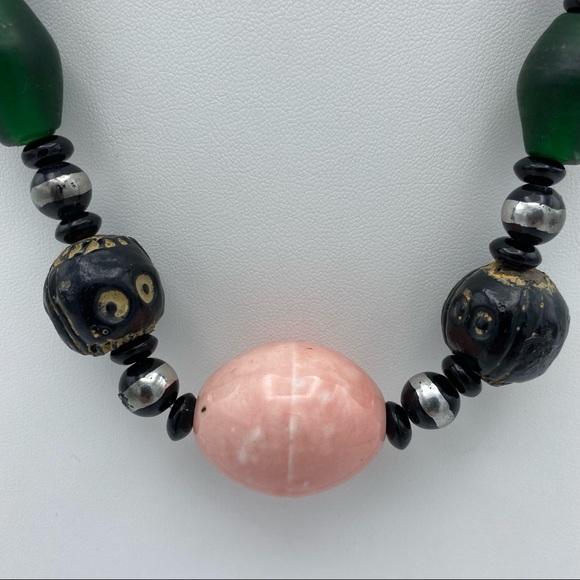 Artisan Vintage African Wood Ceramic Glass Tribal Bohemian Necklace - Picture 6 of 11